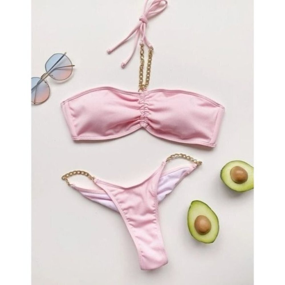 Chain Ruched Halter Bikini Swimsuit - Picture 4 of 7